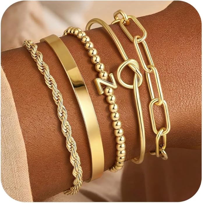 Turandoss Valentines Gifts for Her Girls, Dainty 5PCS 14K Gold Plated Initial A-Z Beaded Stretch Bracelet Chunky Gold Cuff Knot Twisted Rope Paperclip Bracelet Set Stack Jewelry Gifts for Women Girls