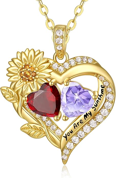 Sunflower Heart Necklace for Women 14K Gold Exquisite Valentines Day Anniversary Birthday Gifts for Wife Mother Her Double Birthstone Pendant Jewelry‘You Are My Sunshine’