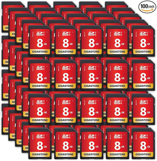 GIGASTONE 8GB SD Card 100-Pack UHS-I U1 Class 10 SDHC Memory Card Full HD Video Canon Kodak Olympus Digital Camera, with 100 Mini Cases