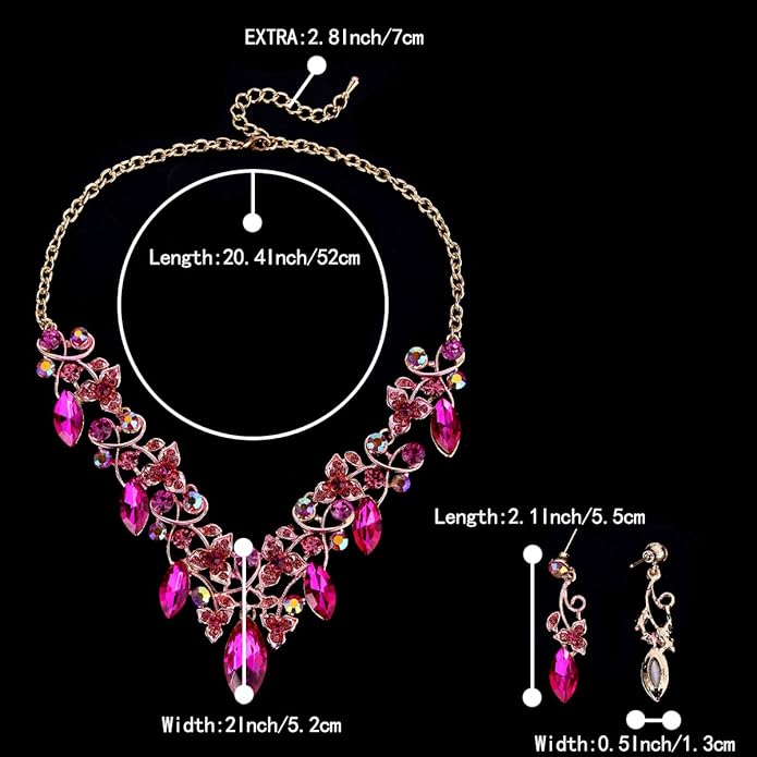 BriLove Women's Costume Fashion Crystal Floral Vine Leaf Statement Necklace Dangle Earrings Set