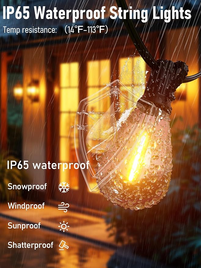 luckystyle 15FT LED Outdoor String Lights with Remote, 6+ 1 Shatterproof Bulbs Waterproof and Dimmable Patio Lights for Porch, Garden, Backyard, Deck, Balcony, 2200K Hanging Lighting