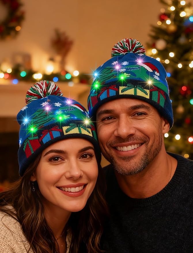 RAISEVERN Unisex Ugly LED Christmas Hat Novelty Colorful Light-up Stylish Knitted Sweater Xmas Party Beanie Cap(6 Lights)