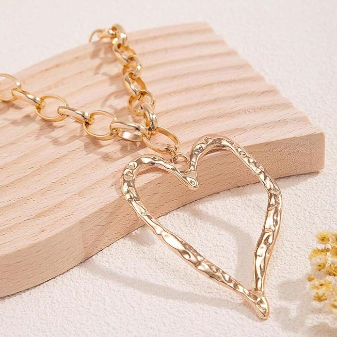Chunky Gold Necklace Big Heart Necklace for Women Silver Large Statement Necklaces Thick Bold Chain Puffy Love Heart Charm Necklaces for Women with OT Toggle Silver Chunky Gold Jewelry Trendy Valentine's Day Gift