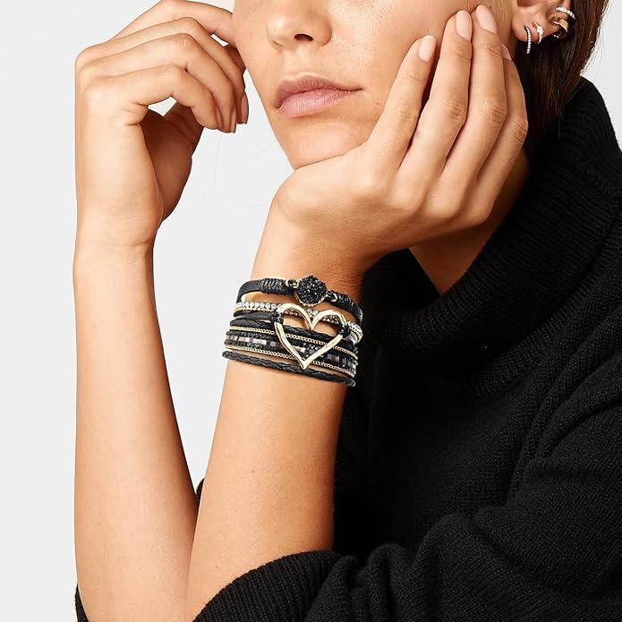 Suyi Multilayer Leather Wrap Bracelet Heart-Shape Wide Cuff Bracelets for Women