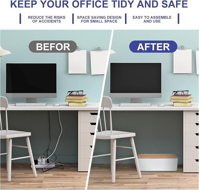 Cable Management Box - Wooden Style Cord Organizer Box to Hide Wires & Power Strips | Desk Computer Cable Organizer Box | Safe ABS Material | 12.6" (L) x 5.3" (W) 4.9" (H) | for Home & Office - White