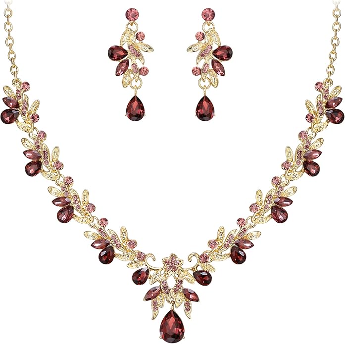 BriLove Women's Wedding Jewelery Set Leaf Flower Crystal Teardrop Marquise Cluster Pendant Necklace Dangle Earrings for Bridal Party