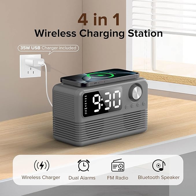 15W Fast Wireless Charger with Bluetooth Speaker and Alarm Clock Radio,4 in1 Wireless Charging Station for iPhone,Android Phones with FM Radio for Bedroom