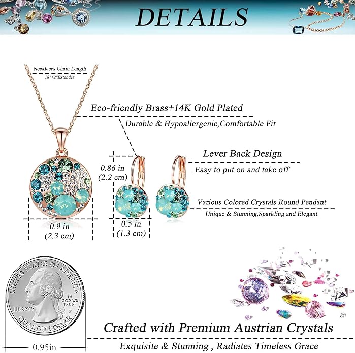 EVEVIC Austrian Crystals Round Disc Pendant Necklace Earrings for Women 14K Gold Plated Hypoallergenic Jewelry Sets