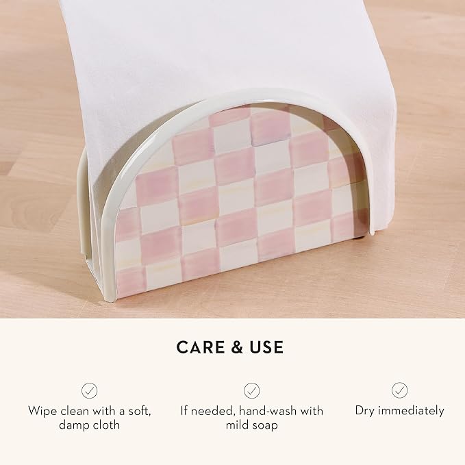 MACKENZIE-CHILDS Enamel Napkin Holder, Kitchen Napkin Holder for Table and Countertop, Pink-and-White Rosy Check
