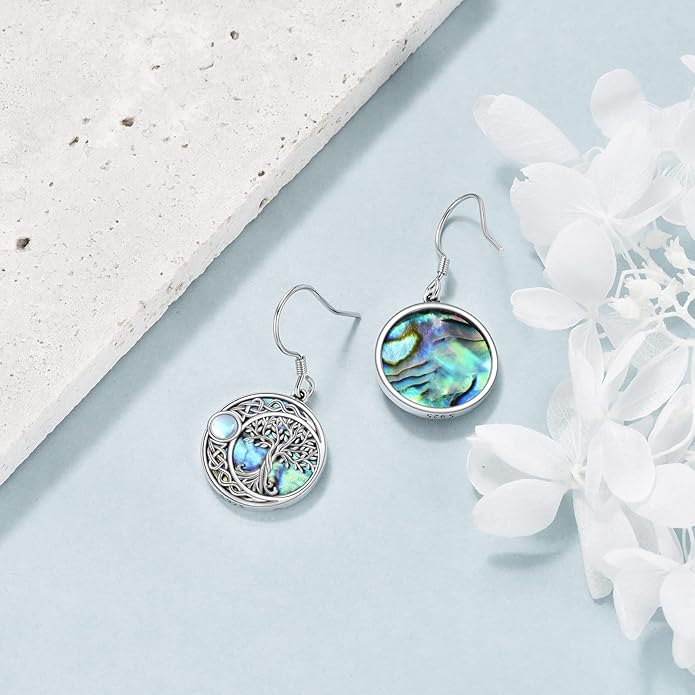 Tree of Life Earrings Sterling Silver Celtic Tree of Life Abalone Shell Dangle Drop Earrings for Women Jewelry