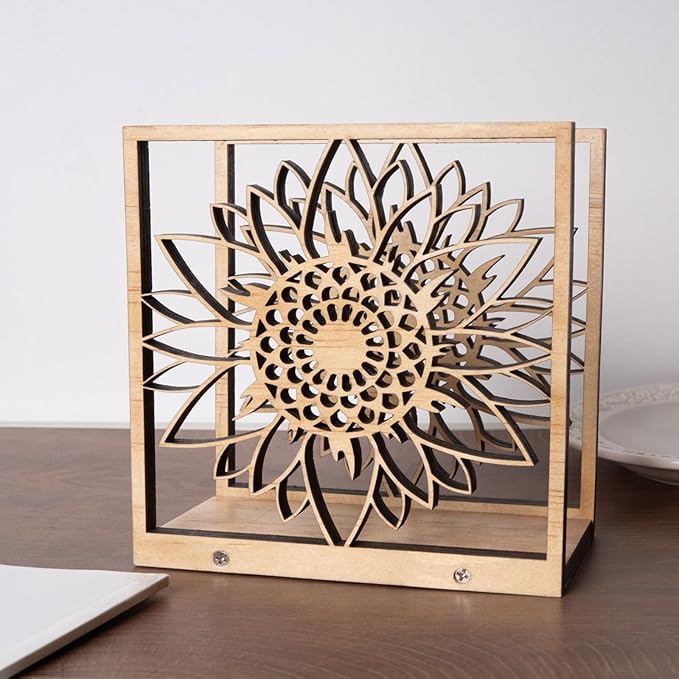 Handmade Sunflower Wood Napkin Holder for Farmhouse Rustic Decor - Laser Cut Farmhouse Table Kitchen Dispenser - Great Gift for Mother's Day or Leo Zodiac Birthday