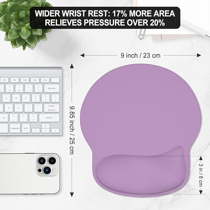 ITNRSIIET Ergonomic Mouse Pad with Wider Memory Foam Wrist Rest +17%, Curved Cushion Reduces Pressure 20%, Pain Relief, Non-Slip, Smooth, Cute Color Desk Accessory, 9.85 x 9 inch, Lavender Purple