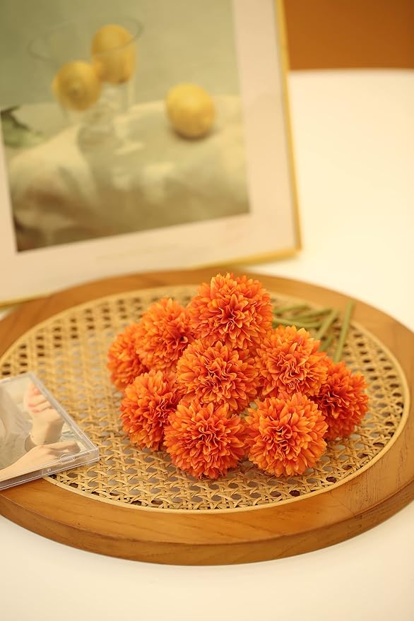 Kimura's Cabin 20Pcs Orange Fake Mums Flowers Artificial Silk Chrysanthemums Faux Ball Flower for Wedding Arrangement Fall Bouquets Home Table Decoration Halloween Thanksgiving Decor(Orange)