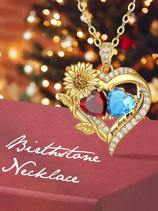 Sunflower Heart Necklace for Women 14K Gold Exquisite Valentines Day Anniversary Birthday Gifts for Wife Mother Her Double Birthstone Pendant Jewelry‘You Are My Sunshine’
