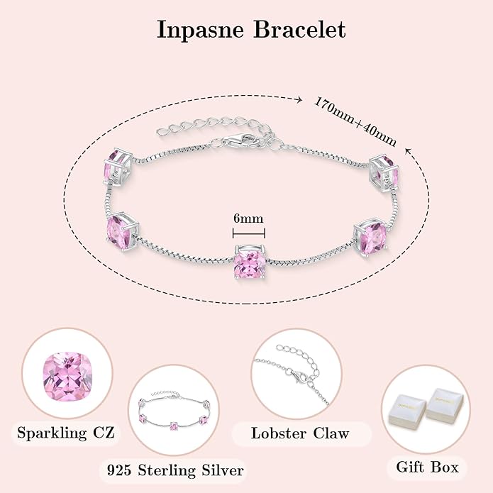Princess Cut Jewelry Set 925 Sterling Silver Pink Tourmaline Earrings Dangle Drop Leverback October Birthstone Necklace and Bracelet Jewelry Gifts for Women