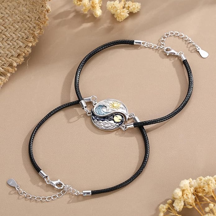 Yin Yang Bracelet 925 Sterling Silver Couple Friendship Bracelets Tree of Life/Sun Moon/Mountain/Lotus Abalone Jewelry for Women Men Couples, Leather Cord 7+2 in