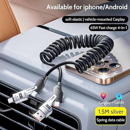 65W 4-in-1 Retractable Fast Charging Cable, 2M/6.5ft Spring Coiled USB-C to L/USB-C/USB-A Multi-Device Cord for iPhone 15/14/13, iPad, Samsung, MacBook, Laptop, Car, Tablet (2)