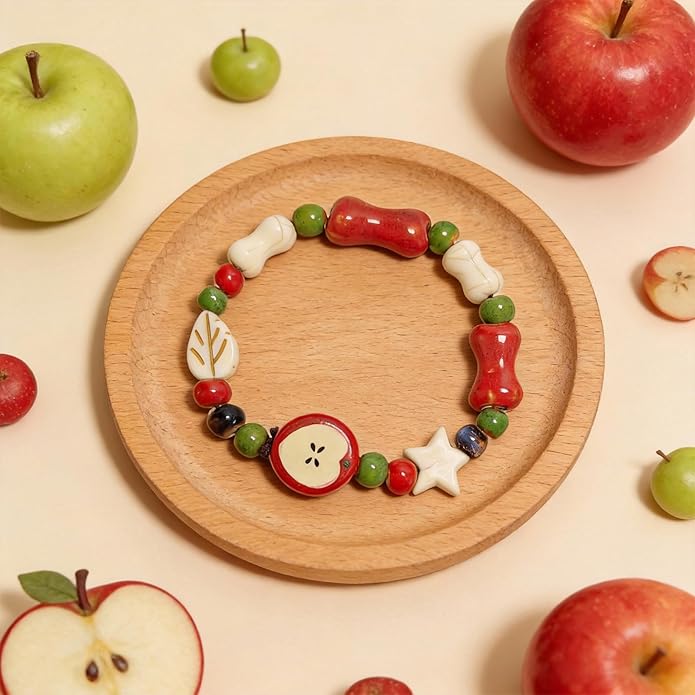 Handmade Ceramic Apple Charm Bracelet, Woven Rope String Wristband with Red Fruit Porcelain Beads, Adjustable Artisan Jewelry for Women, Nature-Inspired Accessory, Unique Teacher Appreciation Gifts