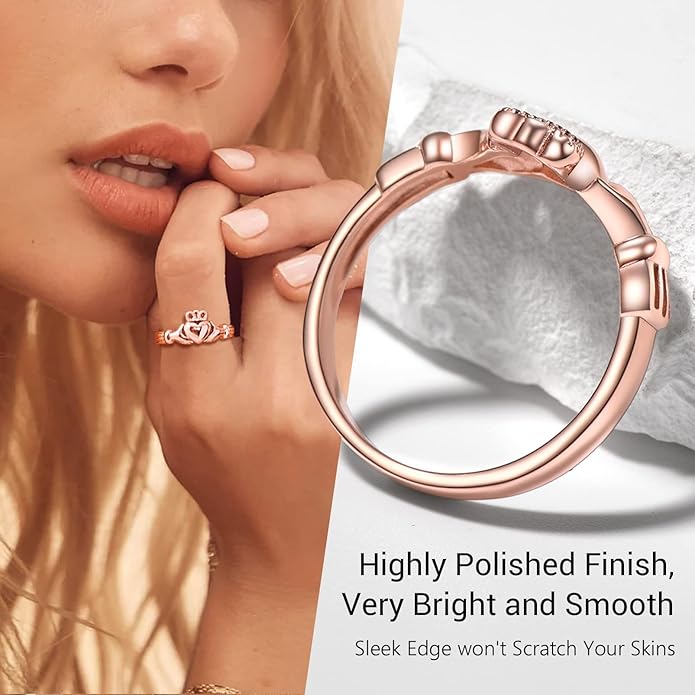 PROSILVER 925 Sterling Silver Claddagh Ring/Celtic Knot Ring for Women, Irish Wedding Band, Rose Gold Plated/Gold Plated, Size 4-12, Come with Box