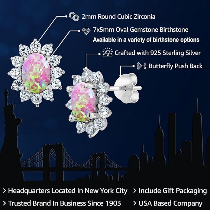 Gem Stone King 7X5MM Oval Gemstone Birthstone Stud Earrings For Women | Princess Diana Royal Halo Style | 925 Sterling Silver | Fine Jewelry Gifts for Anniversary Wedding Her Mom Women Wife
