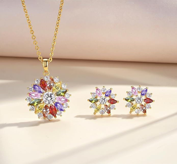VONSSY Colorful Snowflake Pendant Necklace Earrings Rose Gold 5A Cubic Zirconia | Crystal Sweater Chain | Multi Gemstone Garnet Amethyst Morganite Peridot Prom Rhinestone Necklaces for Women Vintage Stylish Gift