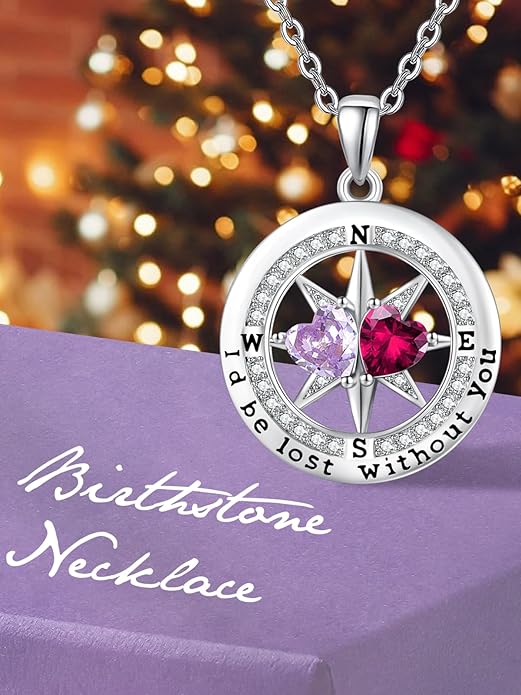 Compass Necklace for Women, Exquisite S925 Valentines Day Anniversary Birthday Gifts for Wife Her Double Birthstone Pendant Jewelry ‘I'd be Lost Without You’