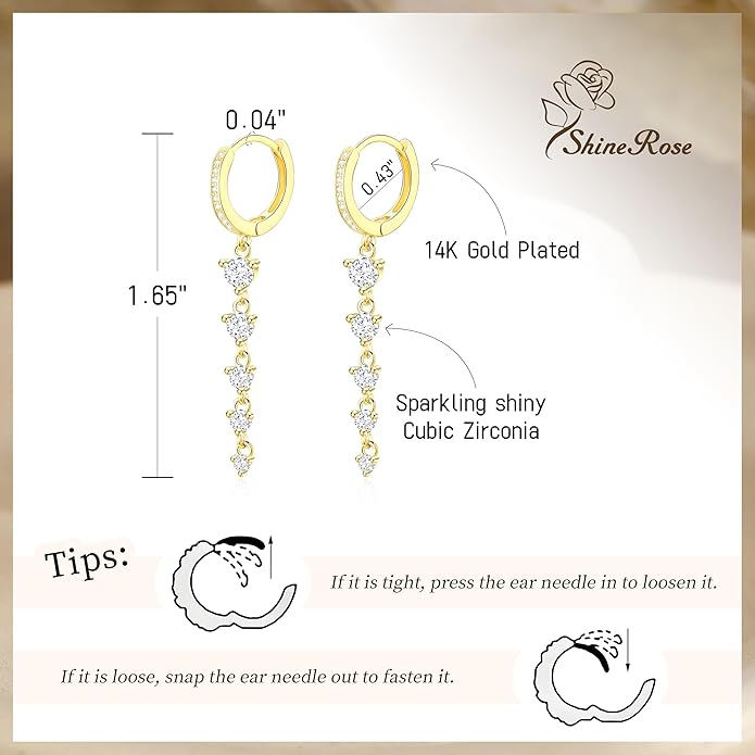 Dangle Earrings For Women Trendy 14K Gold Plated Drop Silver Long Dangling Dainty CZ Simple Hanging Jewelry