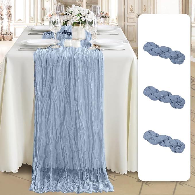 Cheesecloth Table Runner 3 Pack – 35x120 Inch (10ft) Boho Rustic Gauze Cloth Runners – Crinkle Polyester Table Decor for Wedding, Baby Shower, Bridal Shower, Birthday Party and More (Dusty Blue)