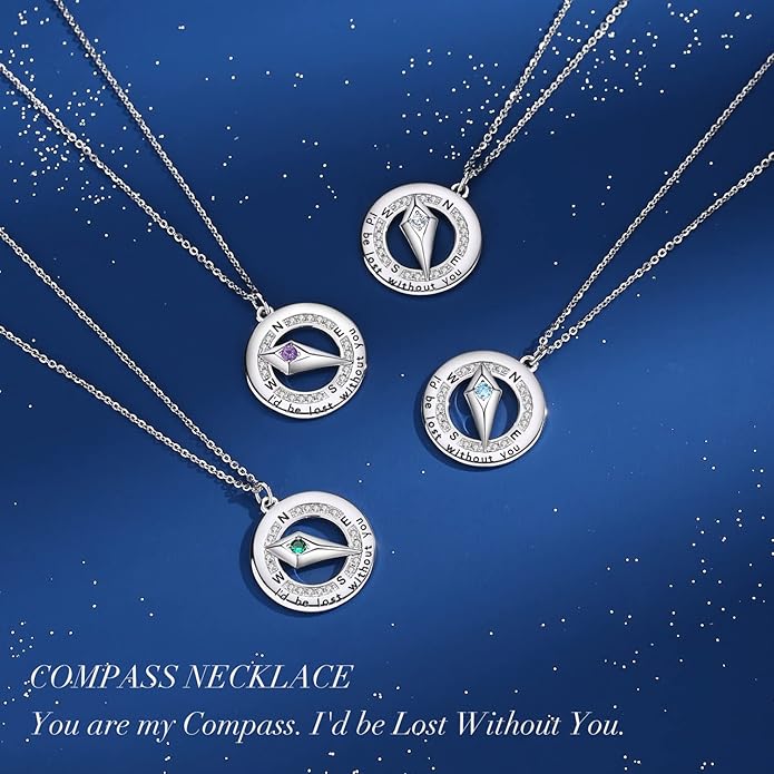 FANCIME Sterling Silver Compass Birthstone Necklaces Fine Jewelry Anniversary Birthday Gifts for Women Her Wife Mom
