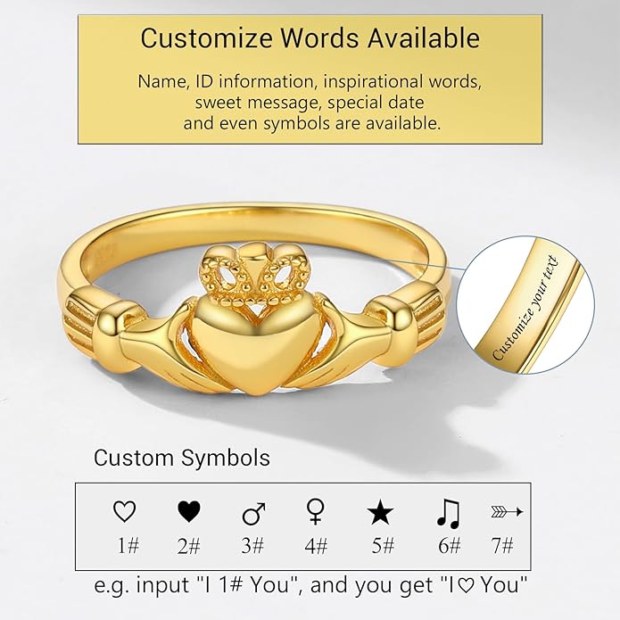 PROSILVER 925 Sterling Silver Claddagh Ring/Celtic Knot Ring for Women, Irish Wedding Band, Rose Gold Plated/Gold Plated, Size 4-12, Come with Box