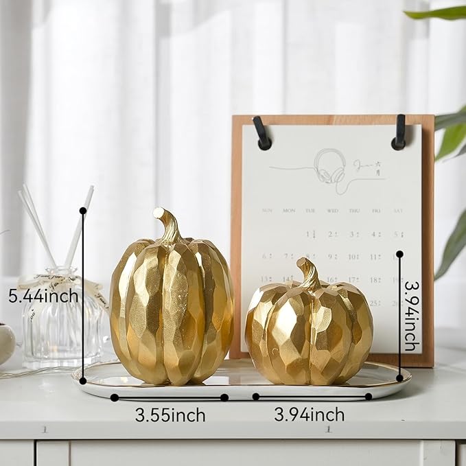 Pumpkin Decor Fall Decoration, Gold Pumpkins for Decorating, 2Pcs Resin Artificial Pumpkin Figurine Mantel Decor, Thanksgiving Autumn Harvest,Wedding
