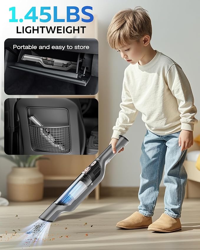Zefiro Handheld Car Vacuum Cleaner, 22KPa Hand Held Vacuum Cordless Rechargeable with 2 HEPA Filters, 2 High Powerful Suction, 2 Nozzles, Portable Mini Dustbuster for Car, Home, Office, Pet Hair, S10