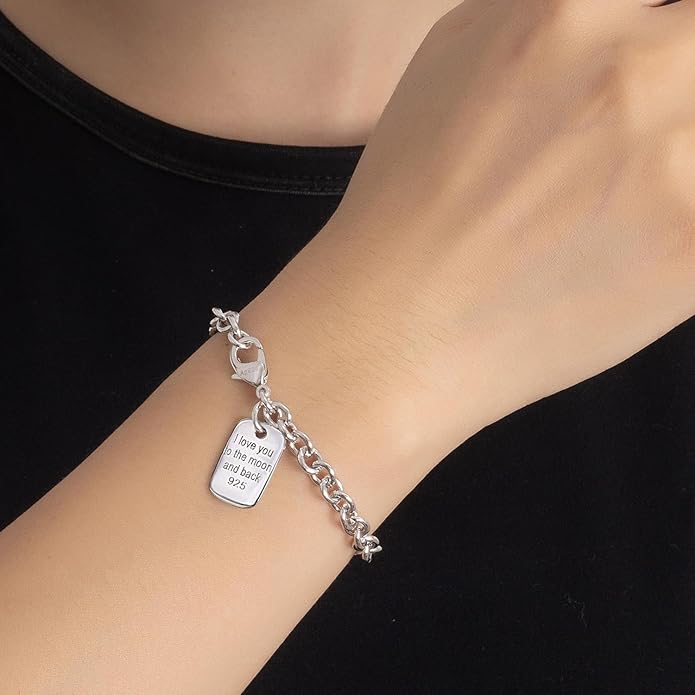 Dankadi Women 925 Sterling Silver Round Cable Wire Link Bracelet Charm Heart-Bell-Square-Circle Pendant Chain Bangle Fine Jewelry Gift For Wife Her