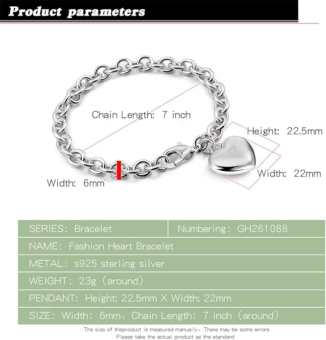 Dankadi Women 925 Sterling Silver Round Cable Wire Link Bracelet Charm Heart-Bell-Square-Circle Pendant Chain Bangle Fine Jewelry Gift For Wife Her