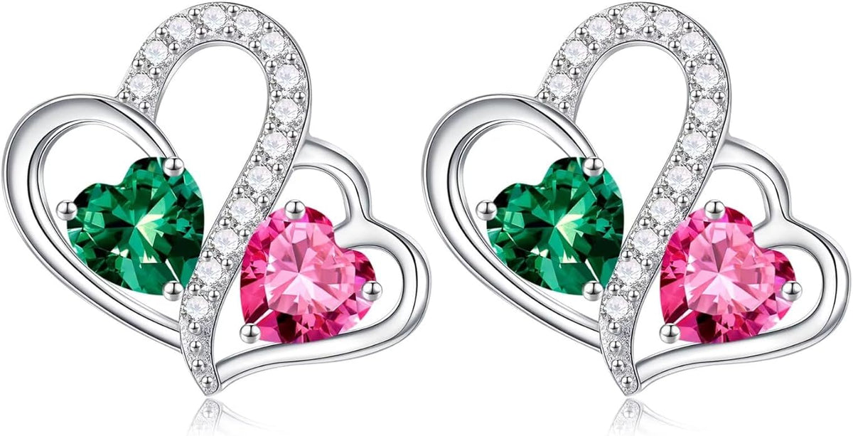 Iefil Valentines Day Gifts for Her - Birthstone Earrings Gift for Women, 925 Sterling Silver Double Heart Birthstone Earrings | Anniversary Birthday Gifts for Women, Personalized Jewelry for Wife Mom