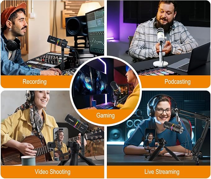 COMICA EJoy D10 A USB/XLR Dynamic Microphone with RGB Light &CalMix Denoise &Mute Button- Studio-Quality Cardioid Mic with Boom Arm Stand for Gaming, Streaming, Podcast,YouTube(PC/PS5/Xbox/Mac-Black