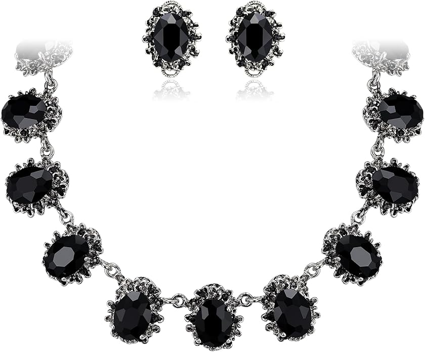 BriLove Victorian Style Statement Necklace Pierced Earrings Jewelry Set for Women Crystal Floral Cameo Inspired Oval Jewellery for Party Prom
