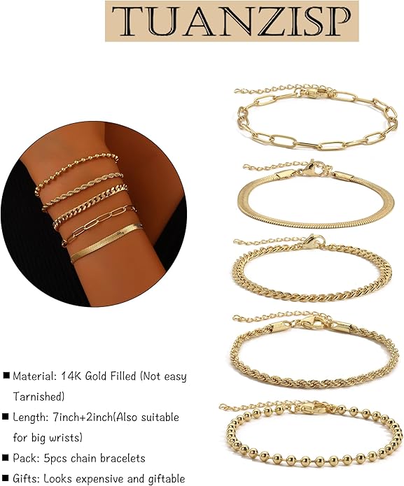 Gold Bracelets for Women, 18K Gold Plated Dainty Paperclip Link Chain Bracelets Thin Cute Stackable Bracelet Pack Fashion Accessories Gifts for Women