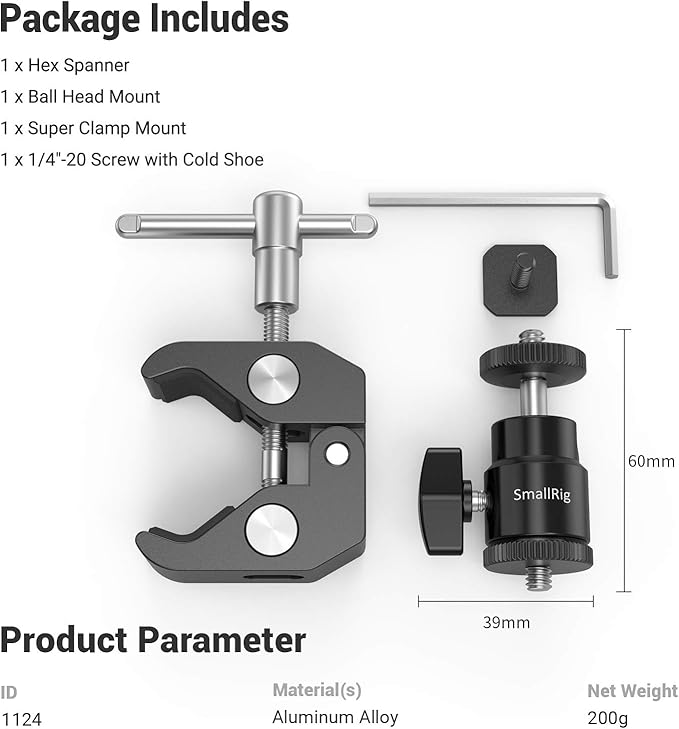 SmallRig Super Clamp Mount with Mini Ball Head Mount, Hot Shoe Adapter with 1/4 Screw for LCD Field Monitor, LED Lights, Flash, Microphone, for Gopro, for DJI Action 2, for Insta360