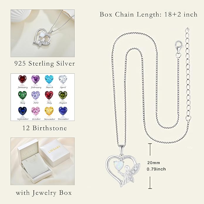 Guardian Angel Necklace 925 Sterling Silver Heart Angel Wings Pendant Birthstone Jewelry for Women