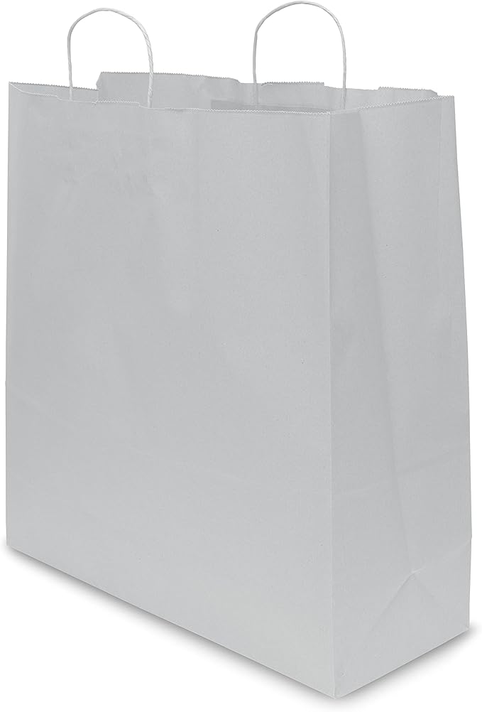 Prime Line Packaging White Gift Bags, Kraft Shopping Bags Extra Large with Handles for Small Business, Boutiques, Retail, Merchandise, Bulk,18x7x18.75, 50 Pack