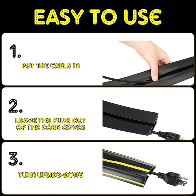 Pangda 30 FT Floor Cable Cover Heavy Duty Cord Cover Protector Power Cable Protector Soft Extension, Organize and Protect Wire on Floor for Home Office or Outdoor Settings (Black, Yellow)