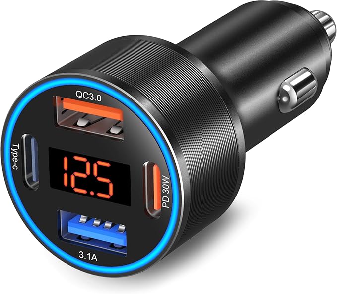 USB C Car Charger, 4-Port 65W Dual 12V USB-A & USB-C Car Phone Charger with Voltmeter PD/QC 3.0 Fast Charging Cigarette Lighter Adapter for iPhone 16e 15 14 13 12 11 Pro Max,Samsung, Android(Black)