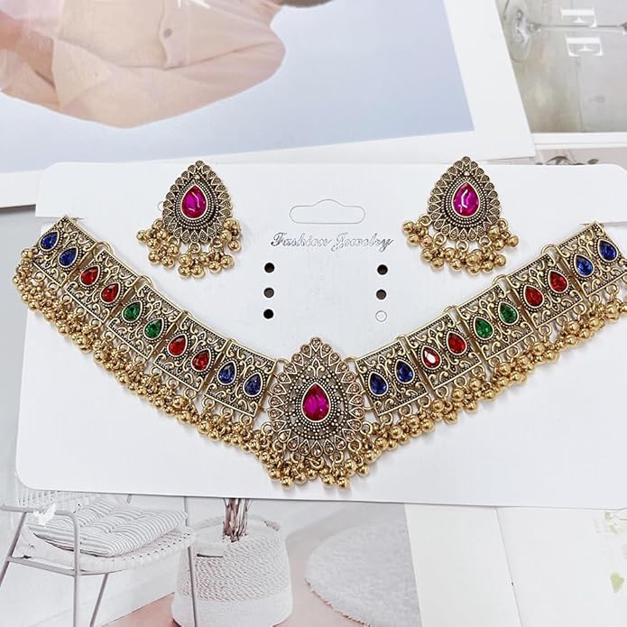Indian Wedding Bridal Traditional Bohemian Jewellery Set for Women Girls Antique Oxidized Ethnic Party Prom Wear Statement Necklace Earring Tassel Bollywood Choker Punk Crystal Fashion Gift for Bride