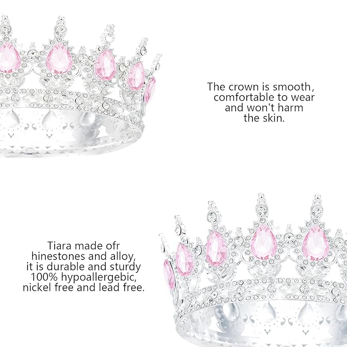 Queen Crown Rhinestone Wedding Tiaras for Women Costume Party Hair Accessories Princess Birthday Tiara Crystal Bridal Crown (Silver Pink-1)