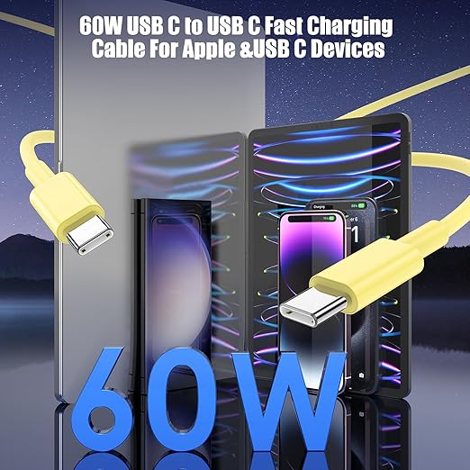 3-Pack Yellow [3.3FT+6.6FT+10FT] 60W USB C to USB C Cable, Type C Fast Charging Cable for iPhone 16 15 Pro Plus Pro Max，for Galaxy S24 S23, for iPad Pro/Air, for MacBook Pro/Air and More