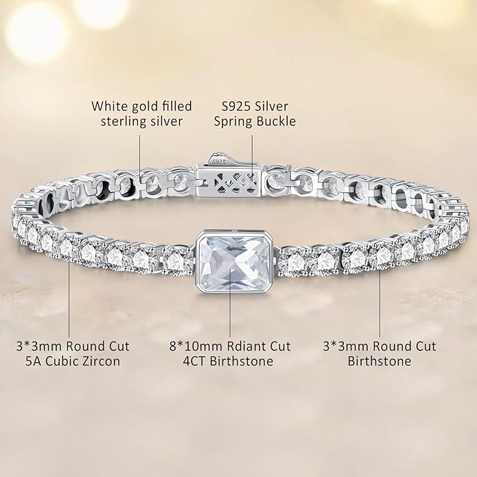 Birthstone Bracelets for Women Birthday Gifts 4CT Radiant Cut Birthstone 4mm Sterling Silver White Gold Tennis Bracelets for Women Round Cut 5A Cubic Zirconia Bezel Setting 7 Inch