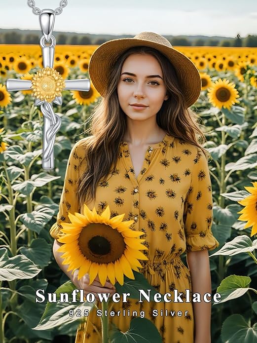 Flower Necklace Sunflower/Violet/Daffodil Necklace Sterling Silver Flower Cross Pendant Jewelry Gifts for Women