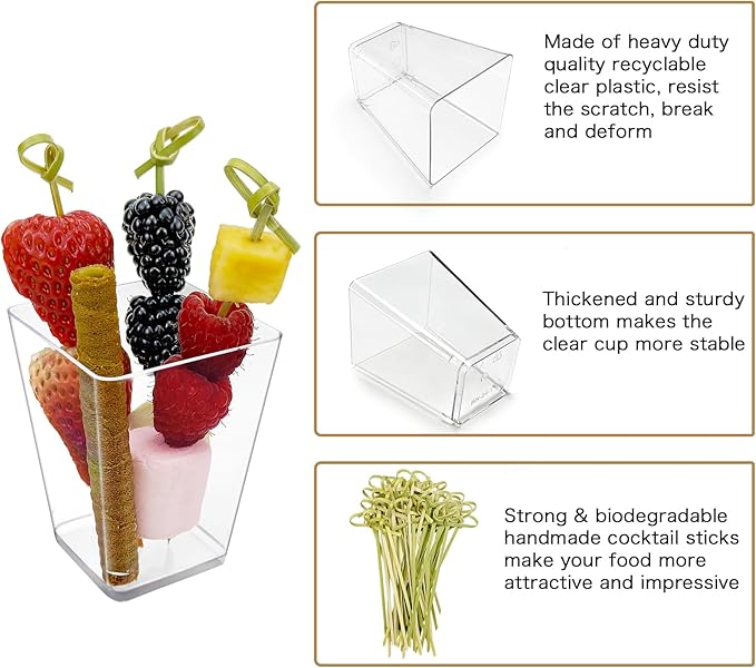 CAMKYDE 20 Sets Plastic Charcuterie Cups with Sticks, Clear Appetizer Cups Fruit Cups 5 oz for Party (20 Cups+50 Sticks)