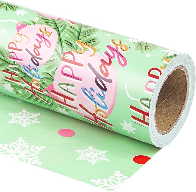 WRAPAHOLIC 30 Inch Jumbo Reversible Christmas Wrapping Paper - 30 Inch x 100 Feet Jumbo Roll Happy Holiday Lettering with Christmas Ball Design for Holiday, Party Celebration